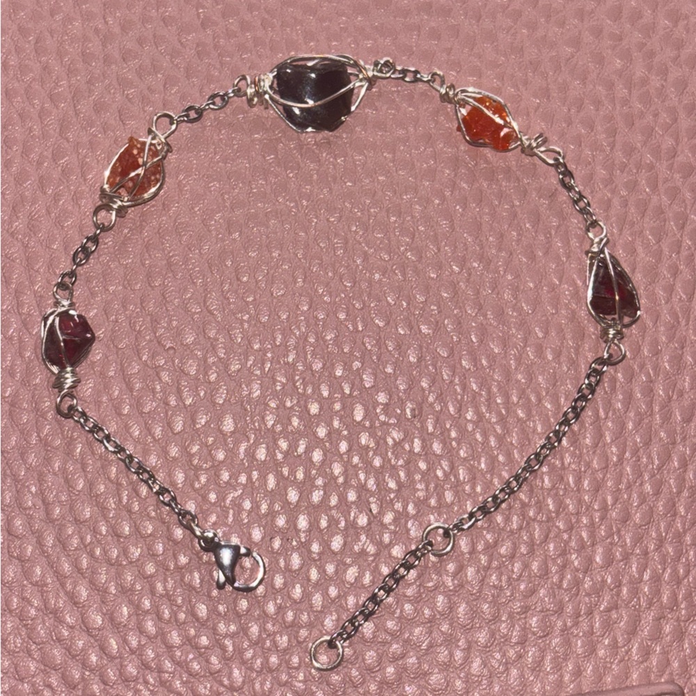 Obsidian, fire quartz, red garnet stainless steel bracelet